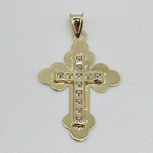 Solid 14K Yellow Gold Cross Pendant with CZ (Cubic Zirconia) - Two-sided Design